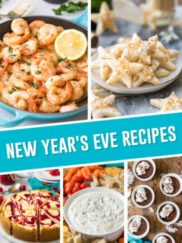 New Years Eve Recipe Collage. Multiple Images of appetizers and dessert perfect for NYE.