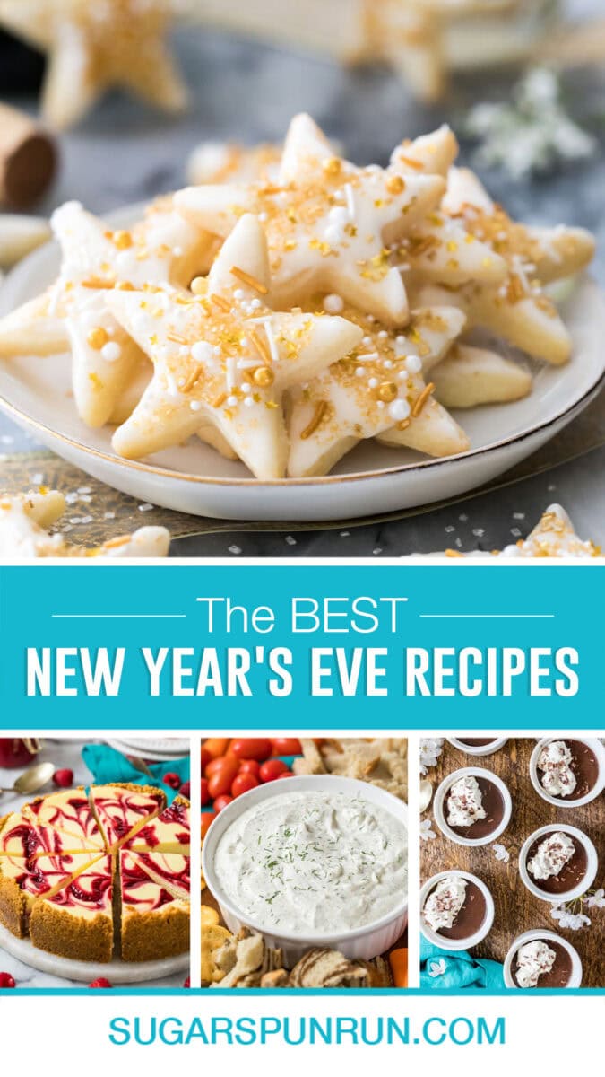 New Years Eve Recipe Collage. Multiple Images of appetizers and dessert perfect for NYE.