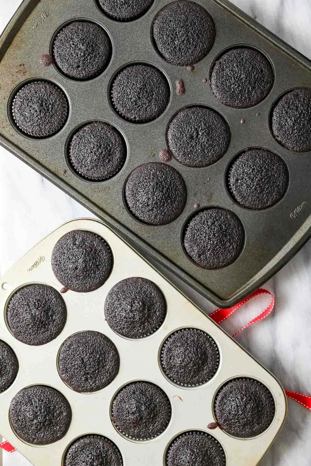 Overhead view of two pans of dark chocolate cupcakes.