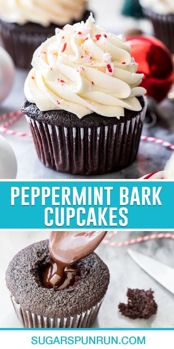 collage of peppermint bark cupcakes, top image of single cupcake, bottom image of cupcake being filled