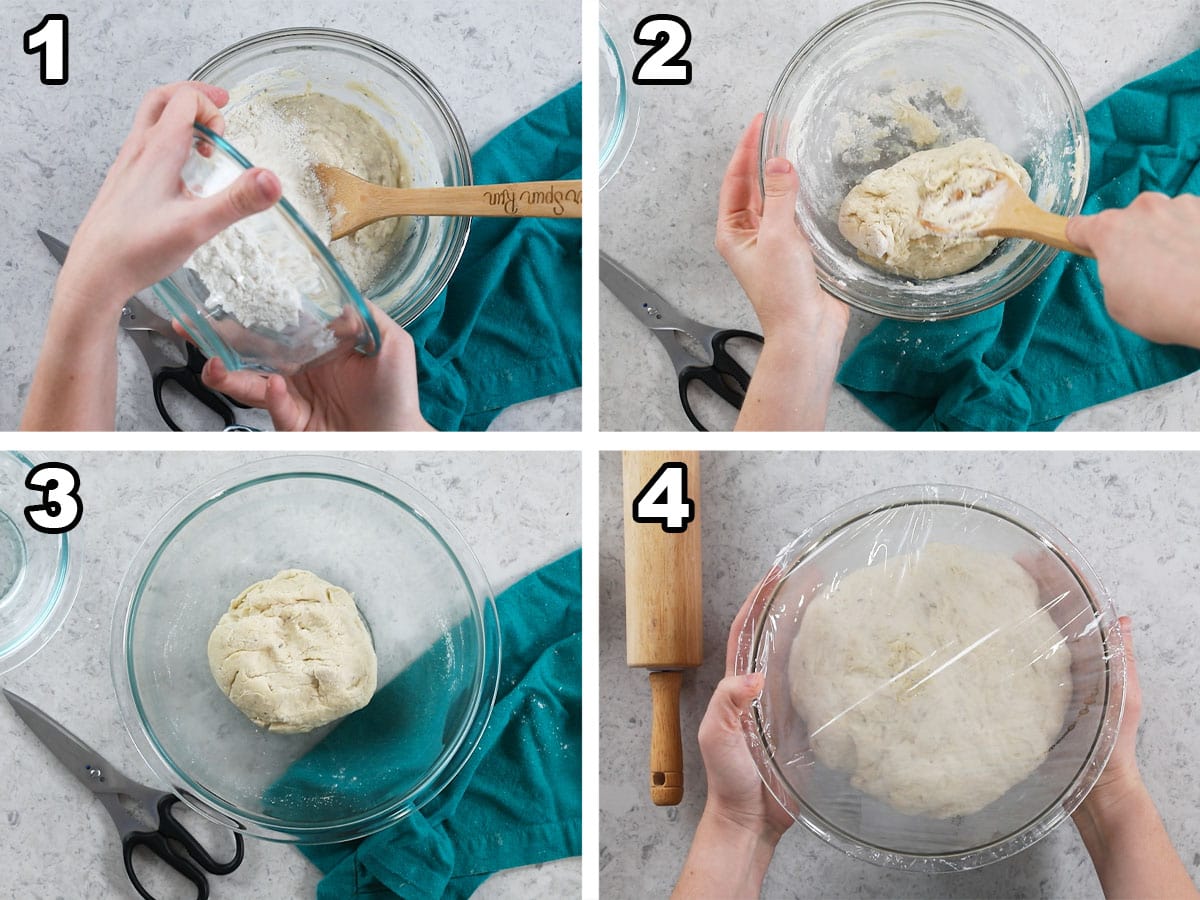 4 steps photo collage showing how to make pizza dough for rolls