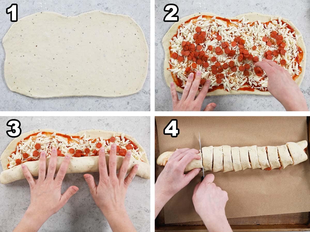 4 step photo collage showing how to roll out and assemble pizza rolls