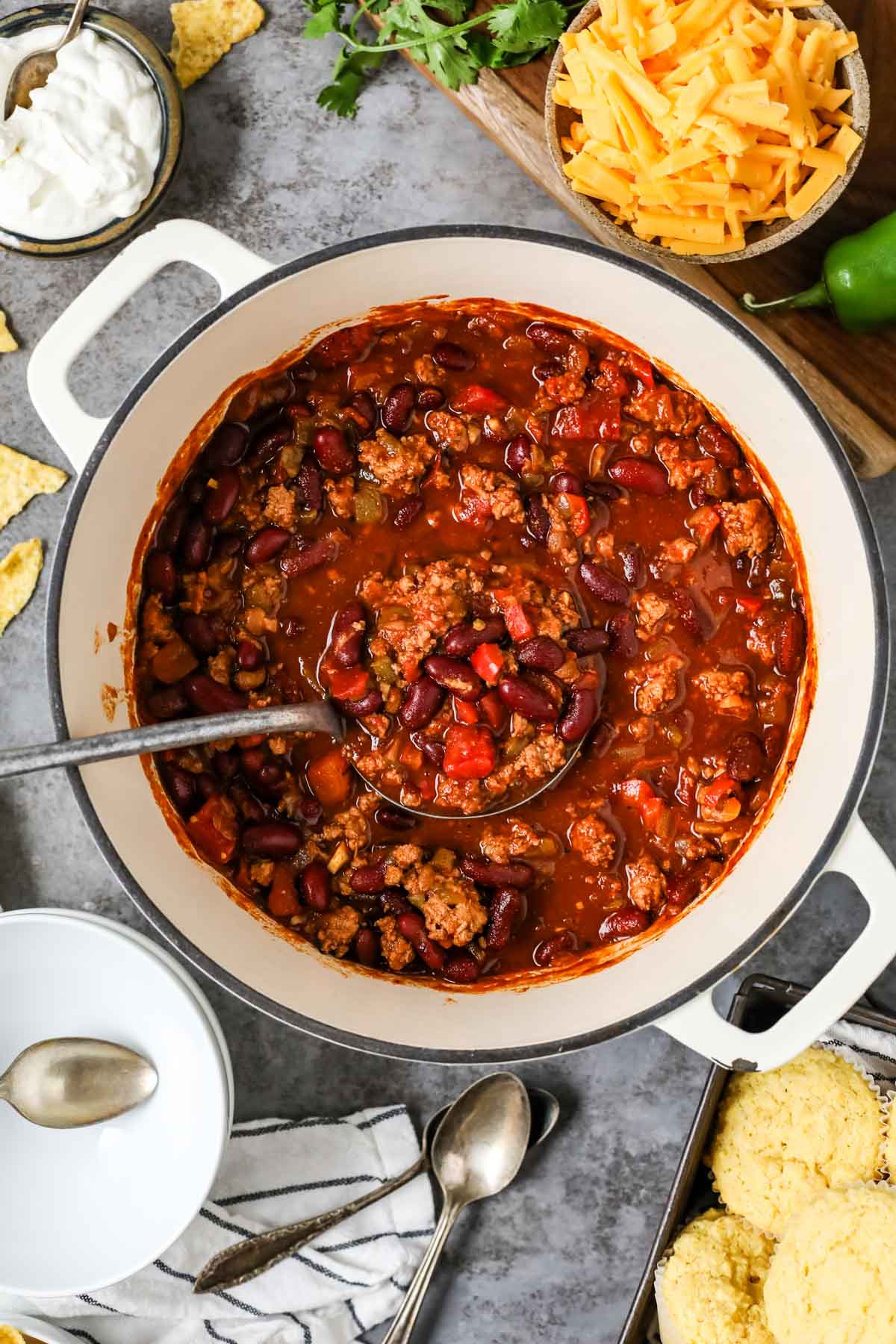 Overhead view of a pot of turkey chili.