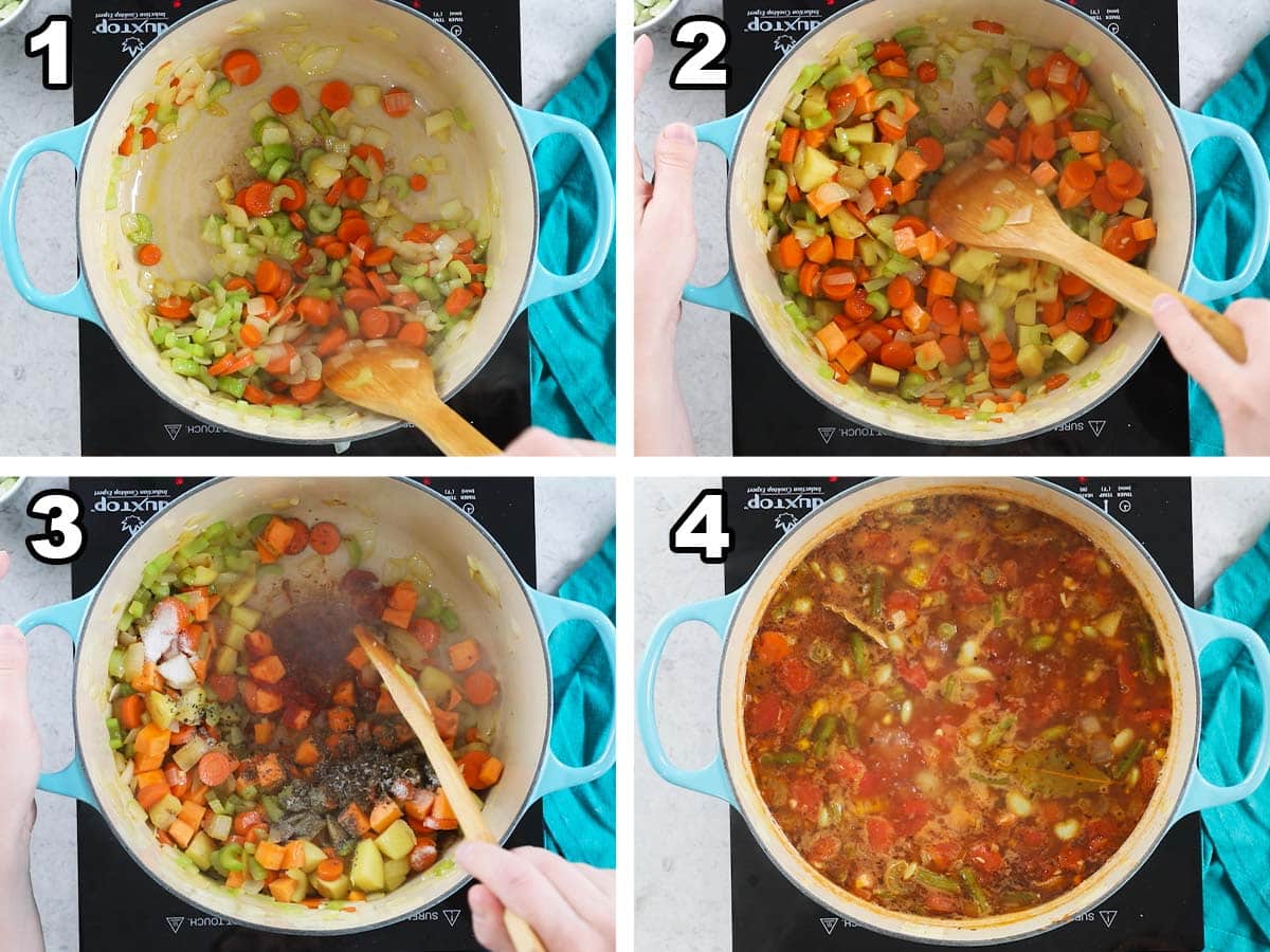 Four photos showing vegetables being sauteed in a pot before adding broth and simmering.