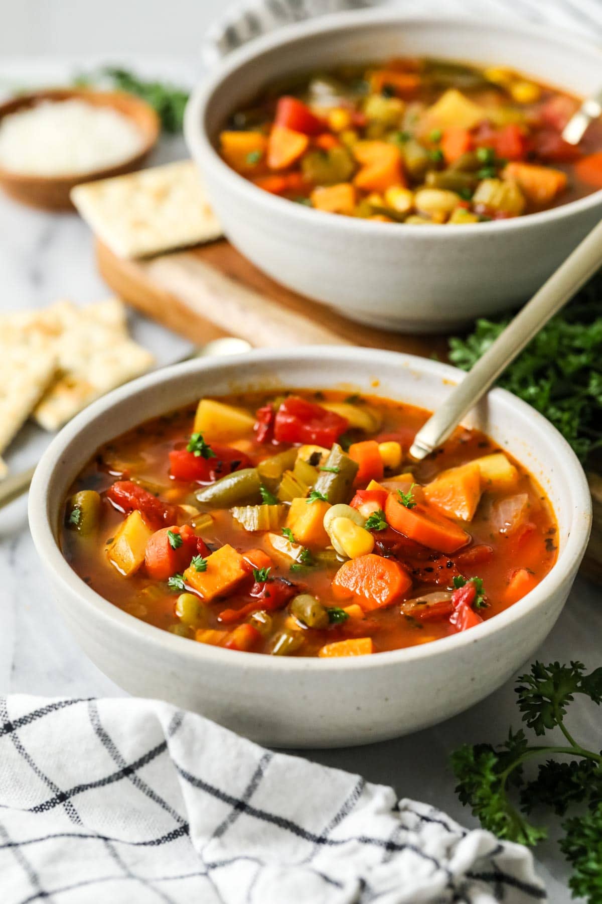 Bowl of vegetable soup made with carrots, potatoes, and more.