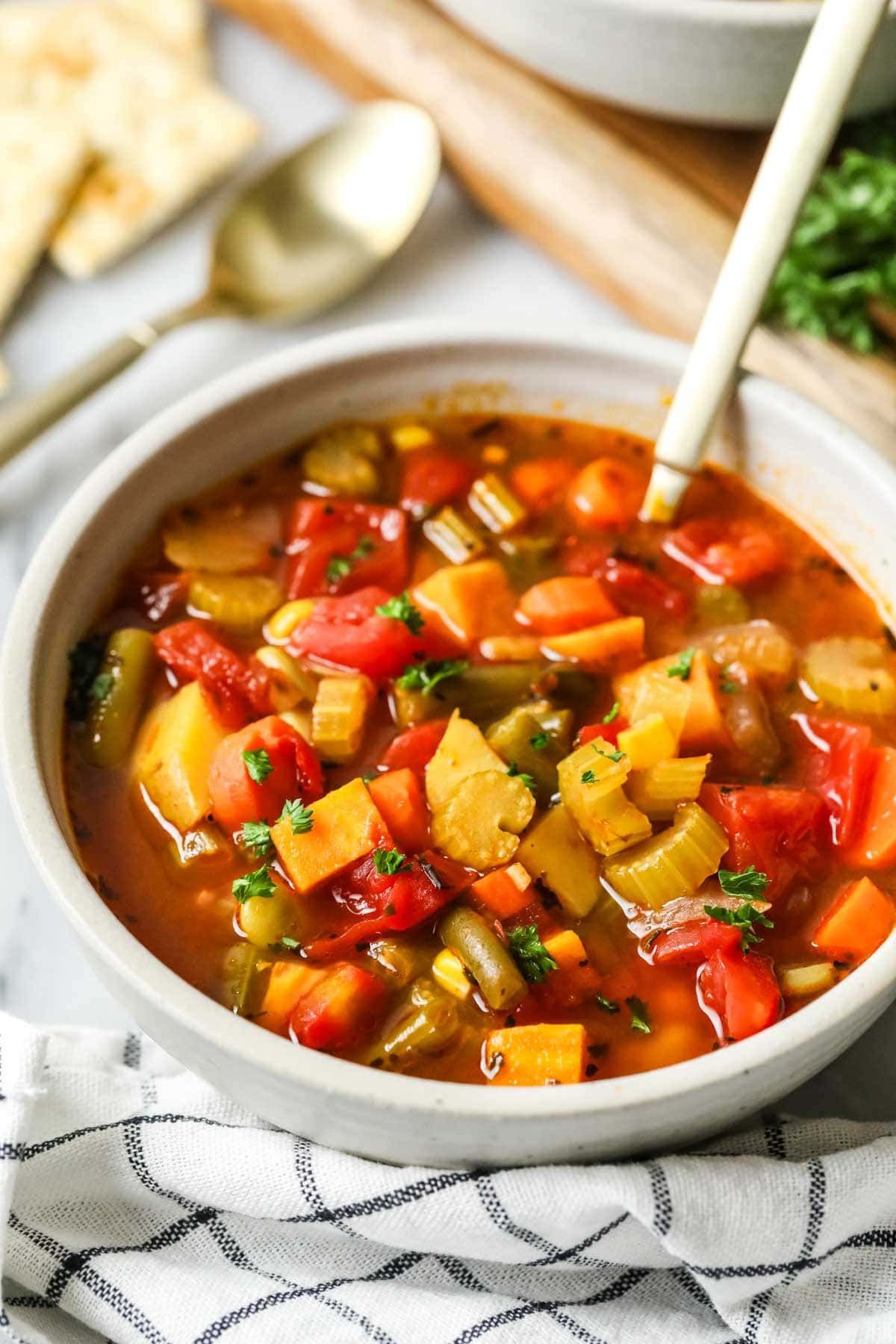 Bowl of soup made with vegetables and veggie broth.