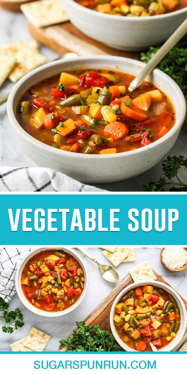 collage of vegetable soup, top image of single bowl of soup, bottom image of two bowls os soup photographed from above