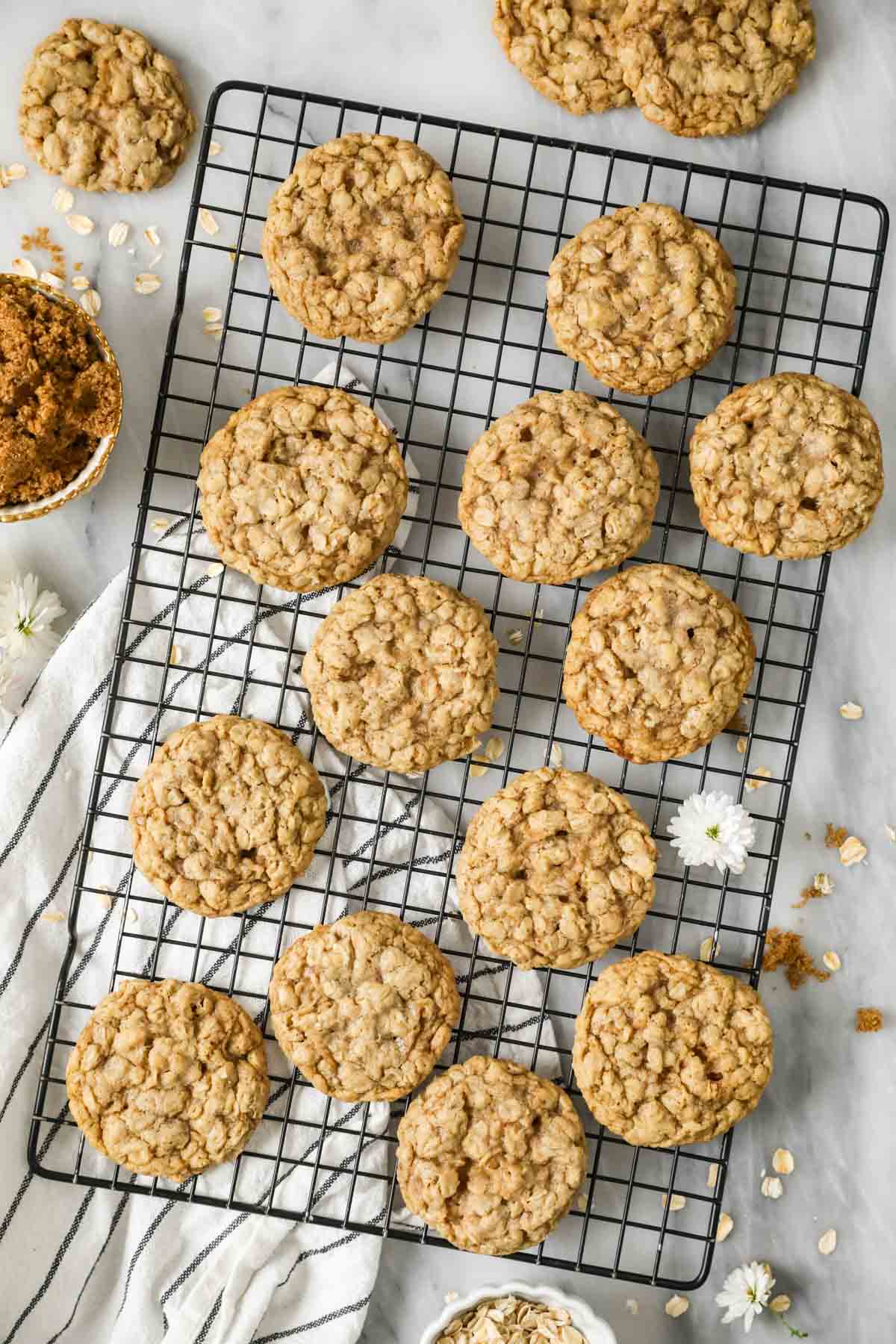 Overhead view of a cooling rack of sourdough discard oatmeal cookies.