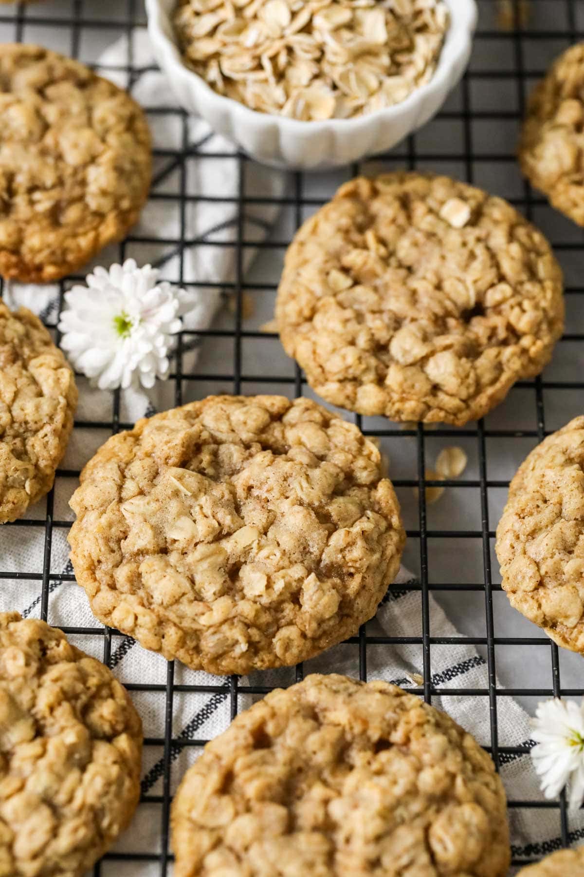 Overhead view of sourdough discard oatmeal cookies on a cooling rack.