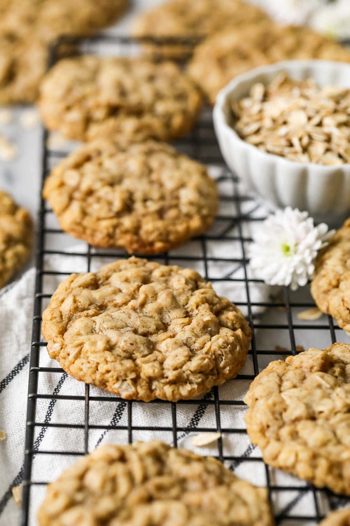 Row of sourdough oatmeal cookies on a cooling rack.