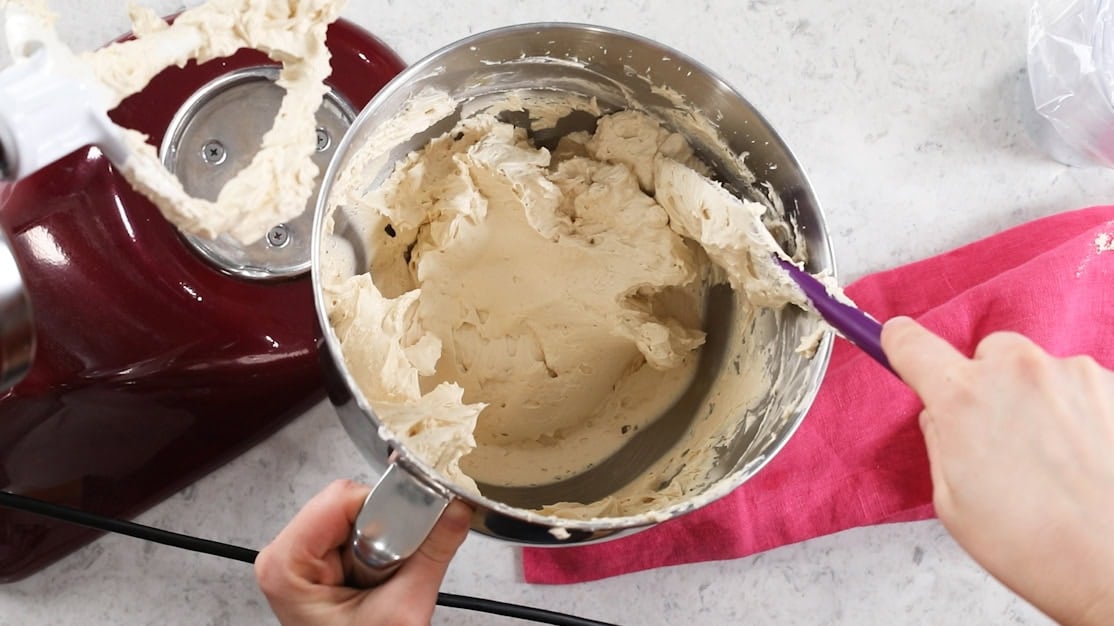 Smooth brown sugar swiss meringue buttercream in a bowl.