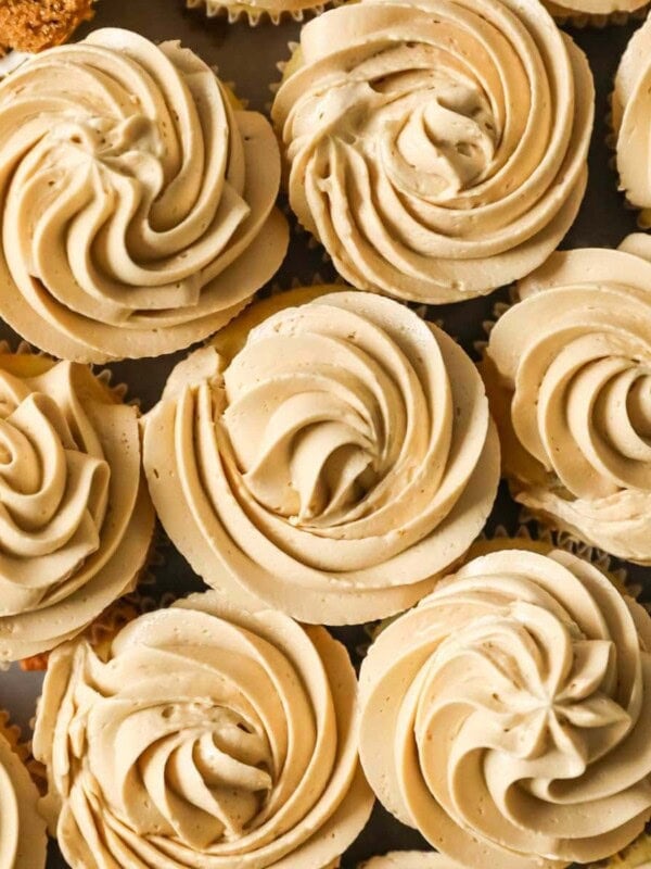Overhead view of cupcakes frosted with brown sugar swiss meringue buttercream.