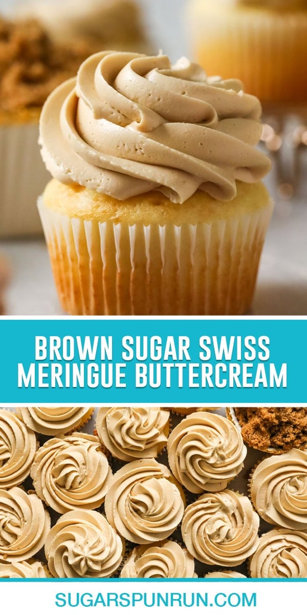 Collage of Brown Sugar Swiss Meringue Buttercream, top image of icing on top of vanilla cupcake close up, bottom image multiple cupcakes frosted photographed from above