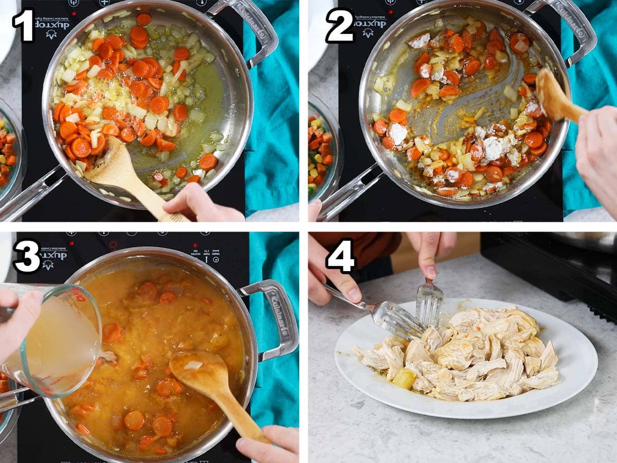 Four photos showing veggies cooking in a pot before adding broth and chicken breasts.