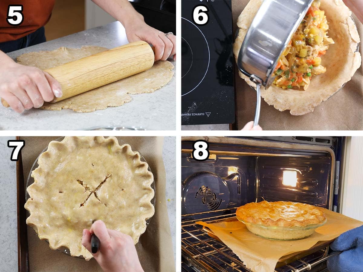 Four photos showing pot pie crust being rolled out, filled, and baked in the oven.