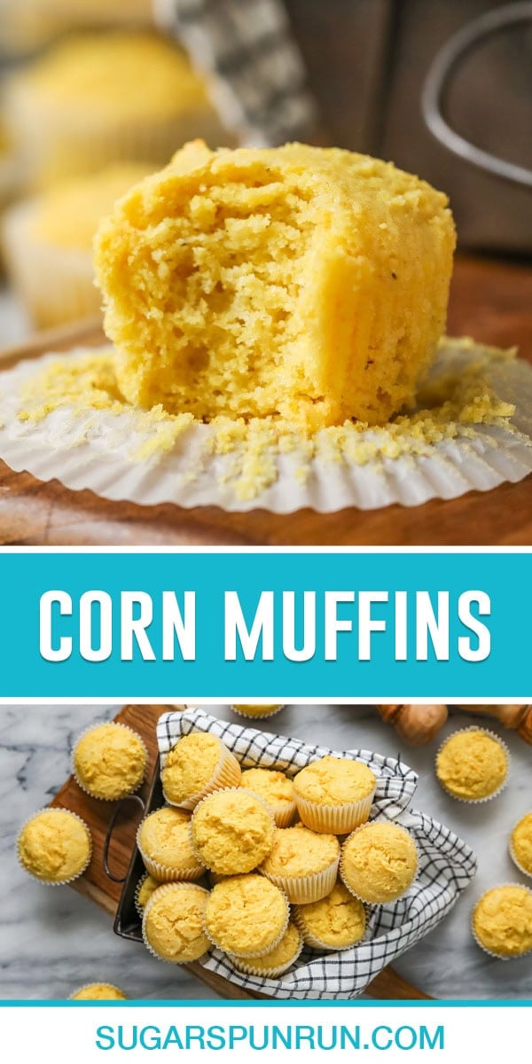 collage of corn muffins, top image of is a close up of muffin close up with bite taken out, bottom image of muffins in basket photographed from above