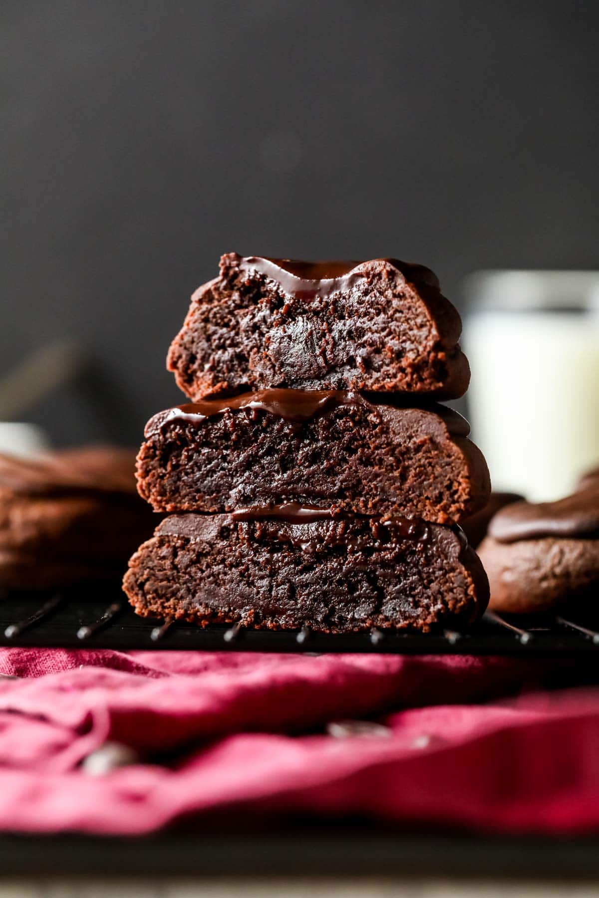 Cross section of three cookies inspired by devil's food cake.