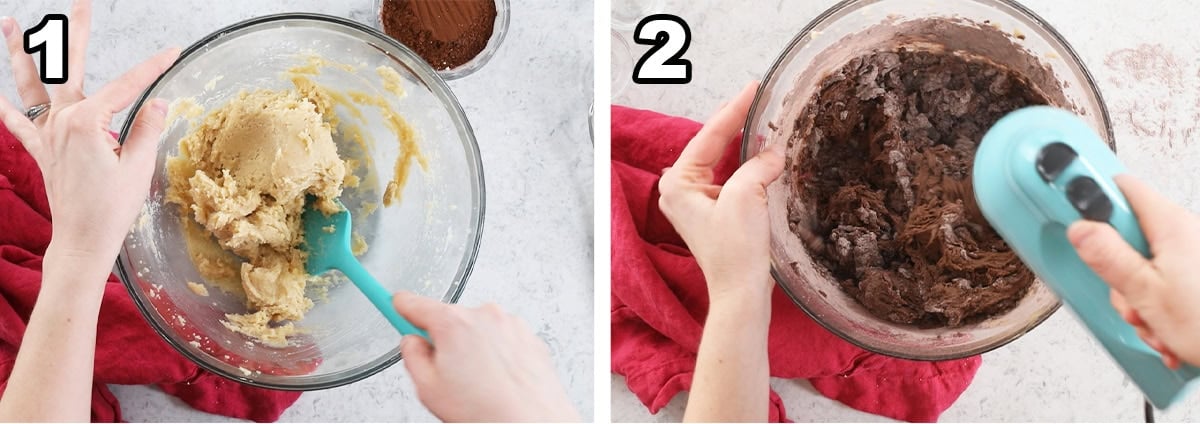 Two photos showing a chocolate cookie dough being prepared.