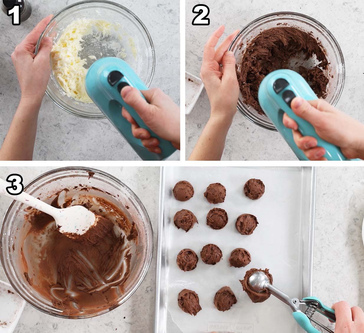 Four photos showing chocolate buttercream being prepared and scooped onto a wax paper lined cookie sheet.