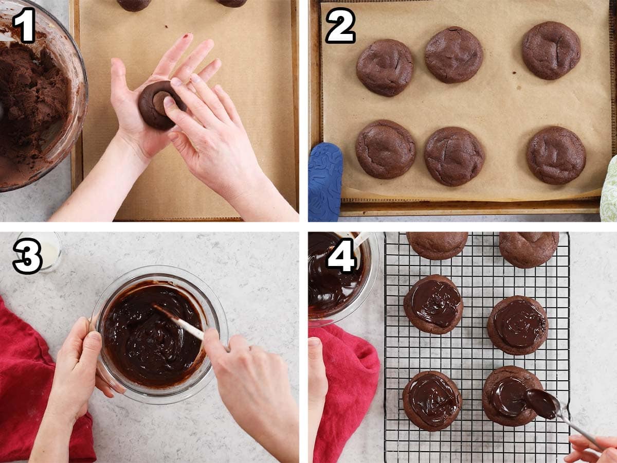 Four photos showing chocolate cookies being stuffed with frozen buttercream before baking and being topped with ganache after cooling.