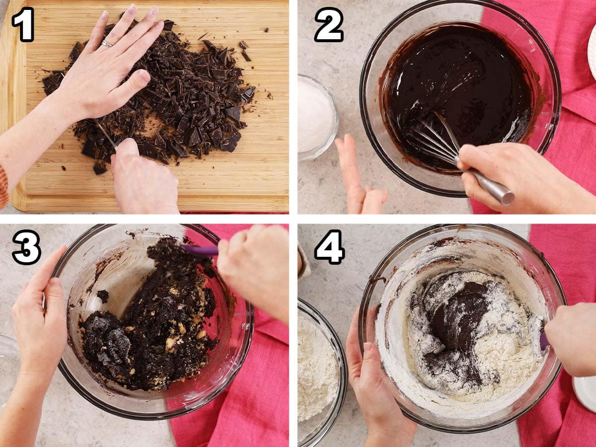 Four photos showing chocolate bar being chopped and a cookie dough being prepared with dutch cocoa.