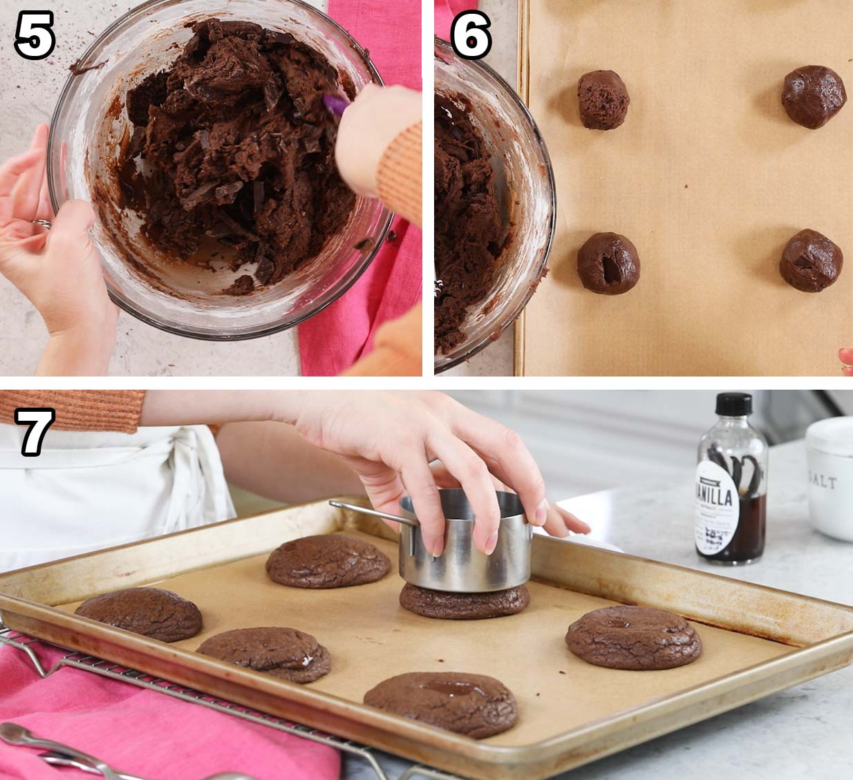 Three photos showing double chocolate chunk cookies being scooped, baked, and flattened after baking.