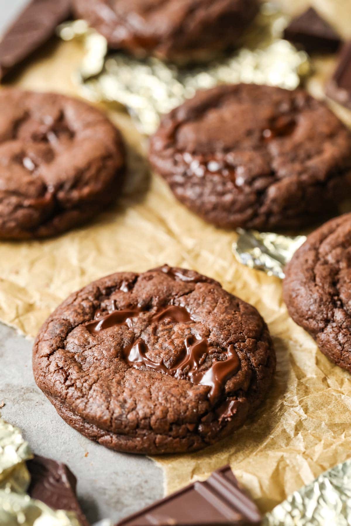 Close-up view of chocolate cookies made with chocolate chunks.