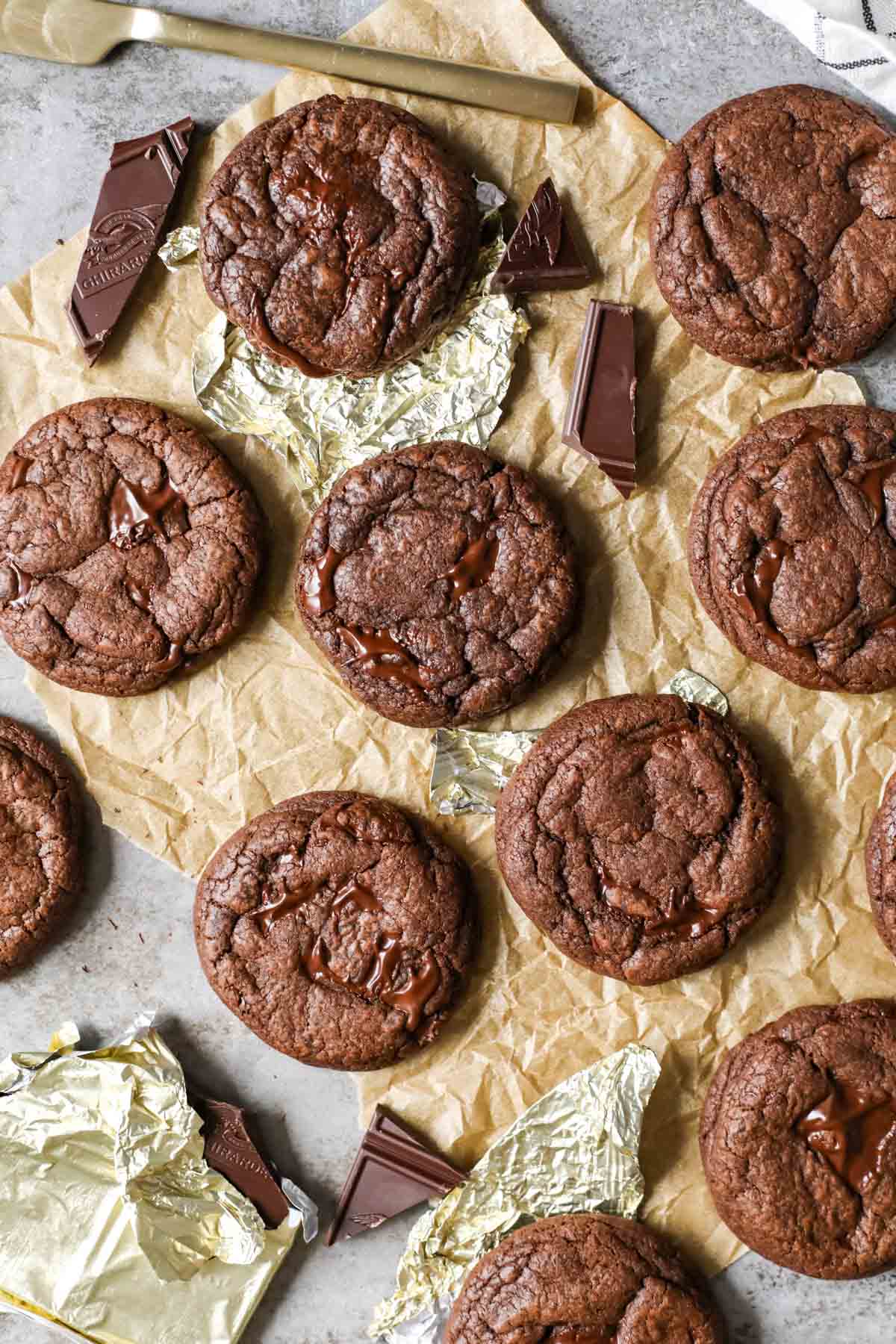 Overhead view of double chocolate chunk cookies.