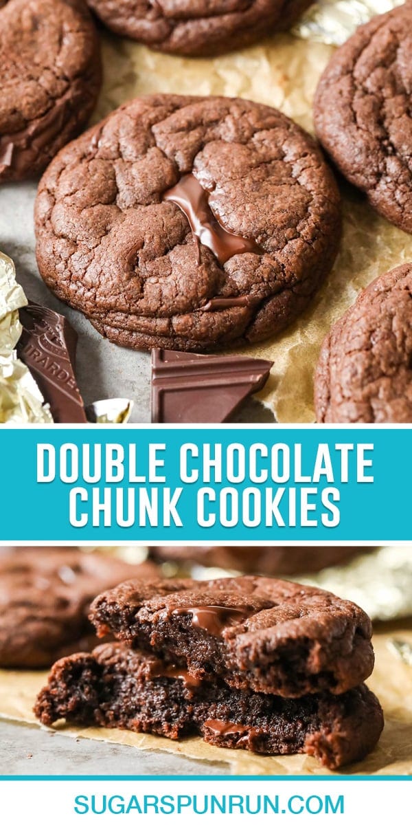 collage of double chocolate chunk cookies, top image single cookie close up, bottom image two cookies sliced open and stacked