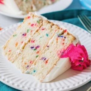 Slice of funfetti cake with lots of colorful sprinkles and a bright pink icing swirl on a white plate.