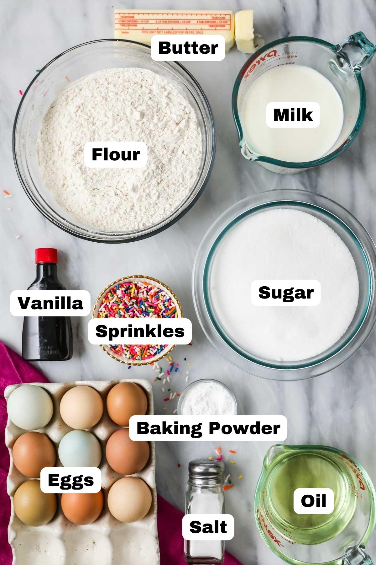 Overhead view of ingredients for funfetti cake