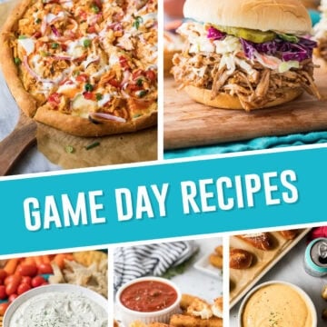 collage of the best game day recipes featuring images of buffalo chicken pizza, pulled pork, dill dip with veggies, mozzarella sticks and beer cheese dip