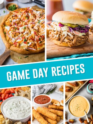 collage of the best game day recipes featuring images of buffalo chicken pizza, pulled pork, dill dip with veggies, mozzarella sticks and beer cheese dip