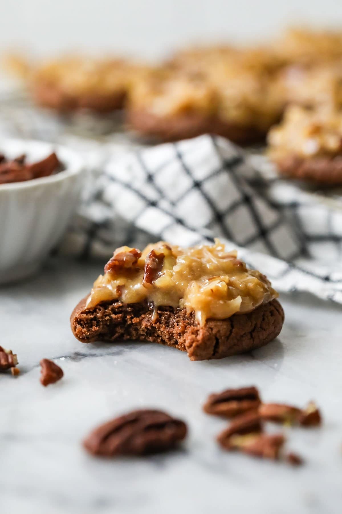 Chocolate cookie topped with a pecan and coconut topping to mimic german chocolate cake.