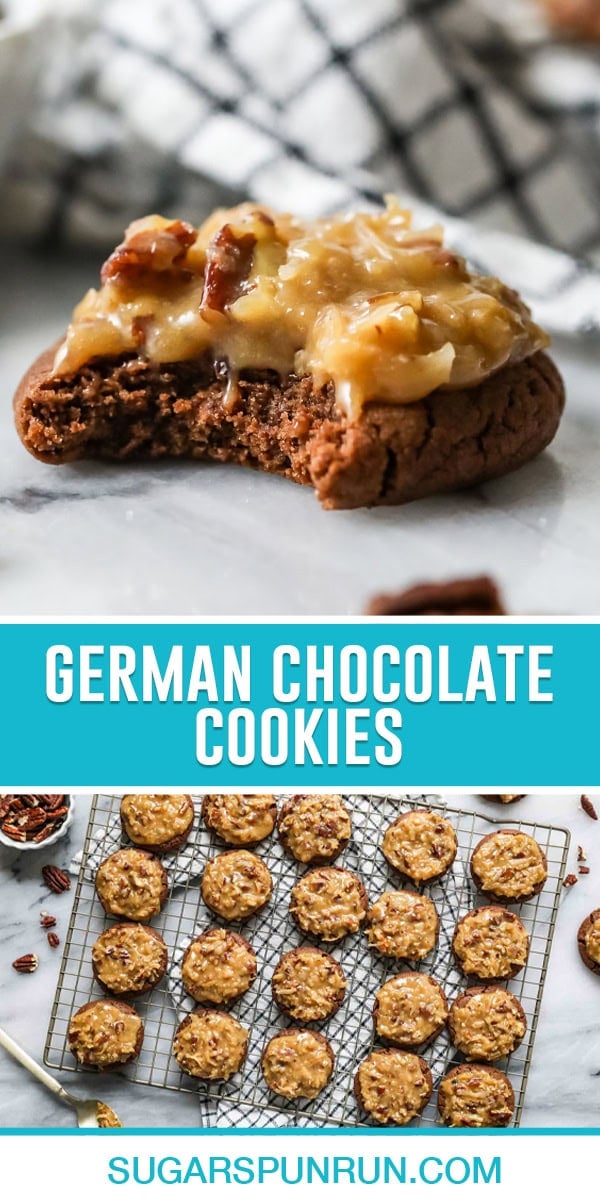 collage of german chocolate cookies, top image of single cookie close up with bite taken out, bottom image of multiple cookies cooling on wire rack photographed from above