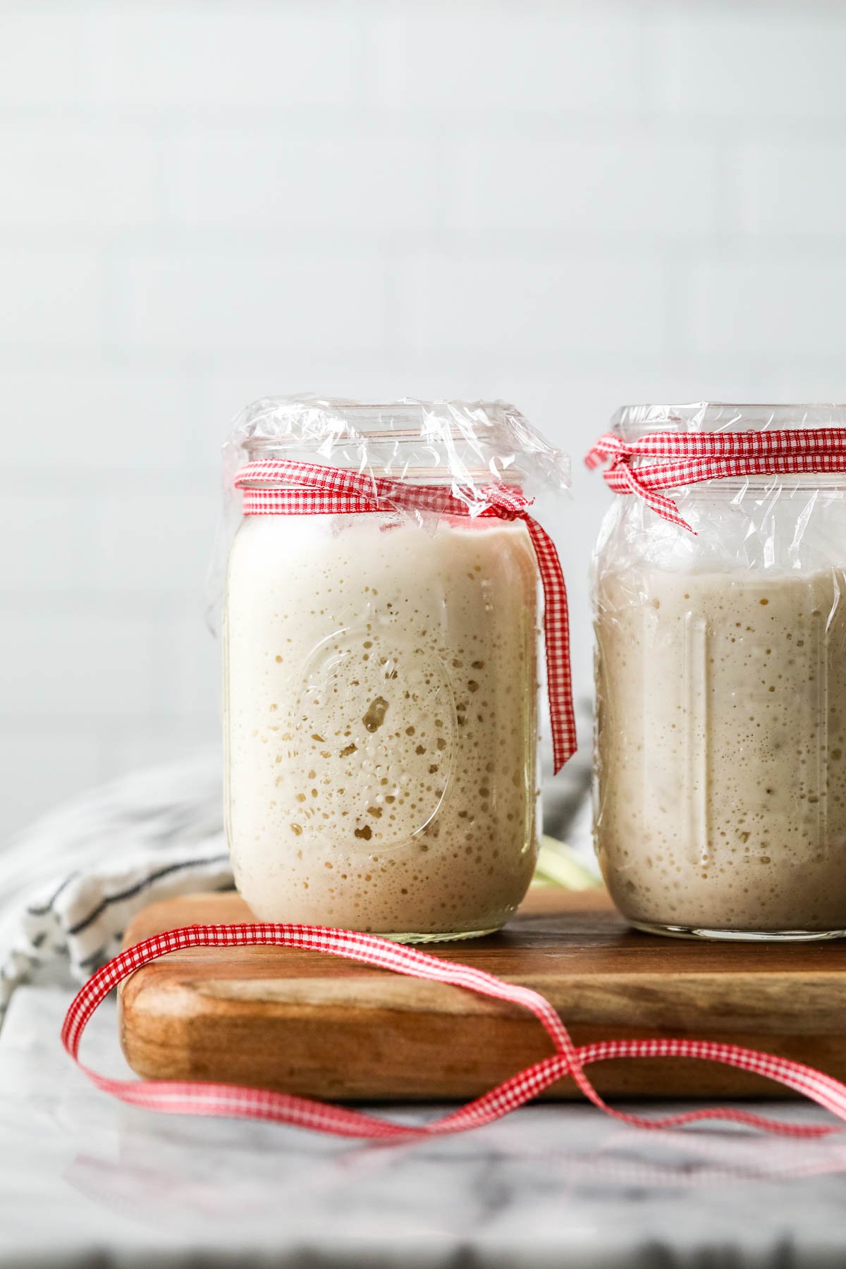 Active sourdough starter in mason jar with red ribbon