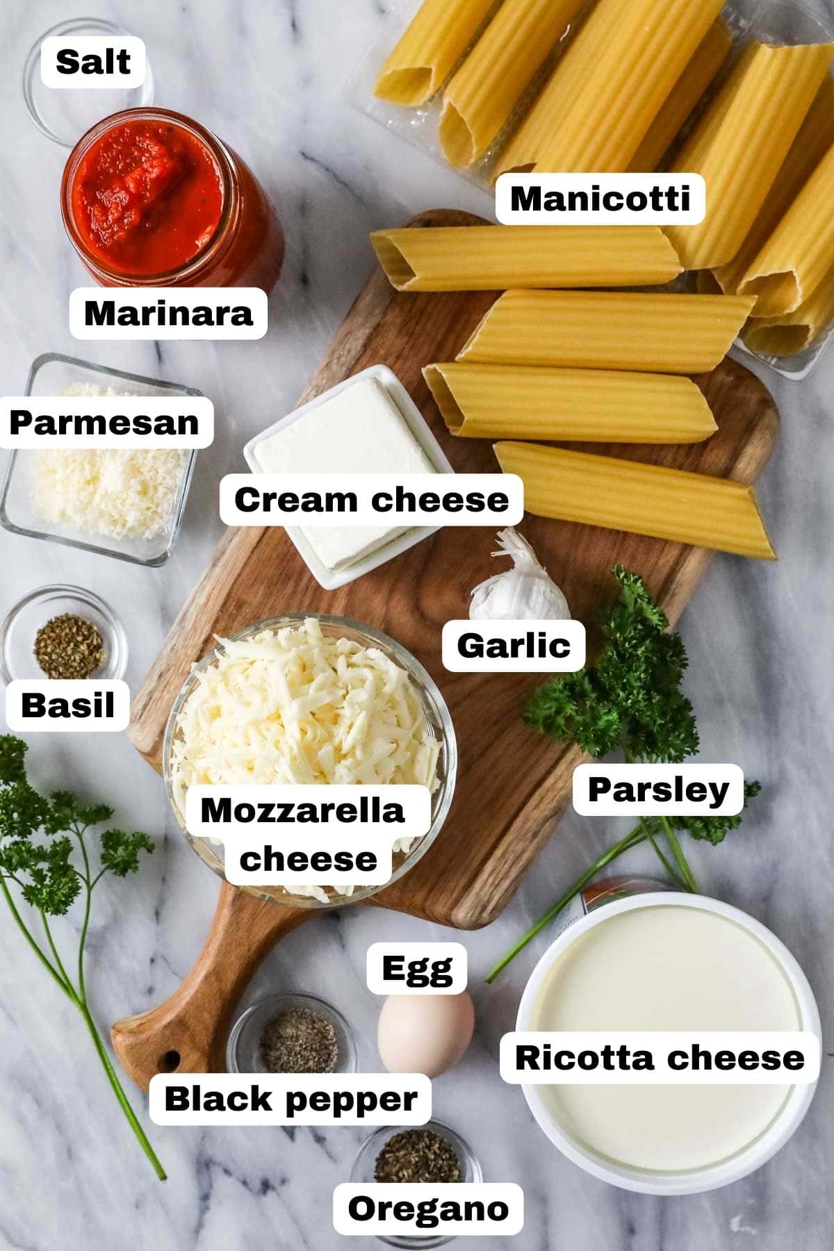 Overhead view of labeled ingredients including manicotti noodles, cheese, sauce, and more.