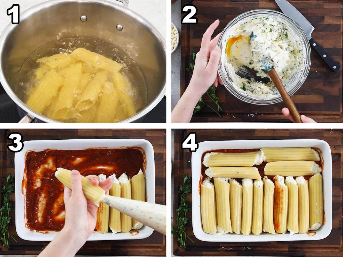 Collage of four photos showing how to make manicotti.