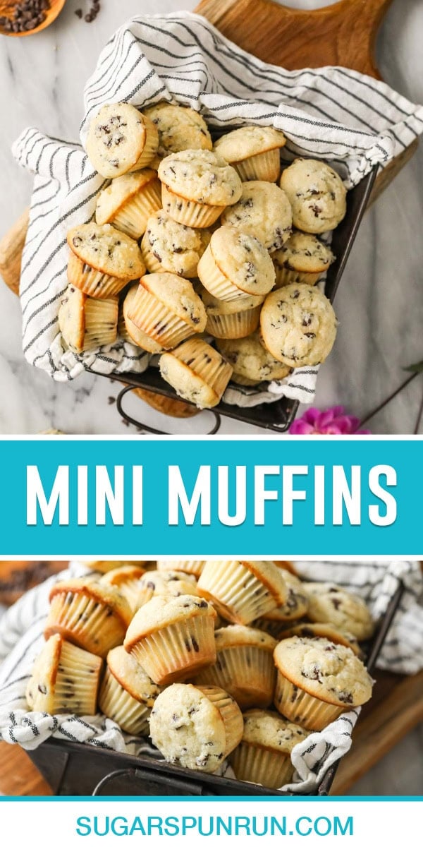 collage of mini muffins, top image of full basket of mini muffins photographed from above, bottom image close up of mini muffins in metal basket