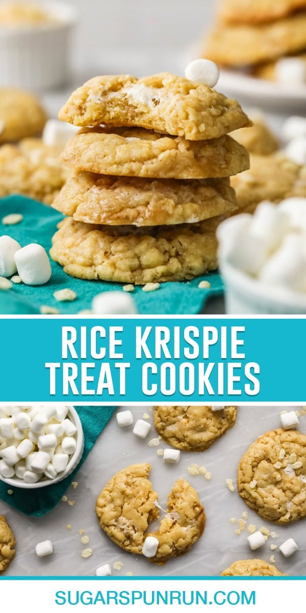 collage of rice krispie treat cookies, top image of 4 cookies stacked, bottom image of cookies on slab one pulled apart