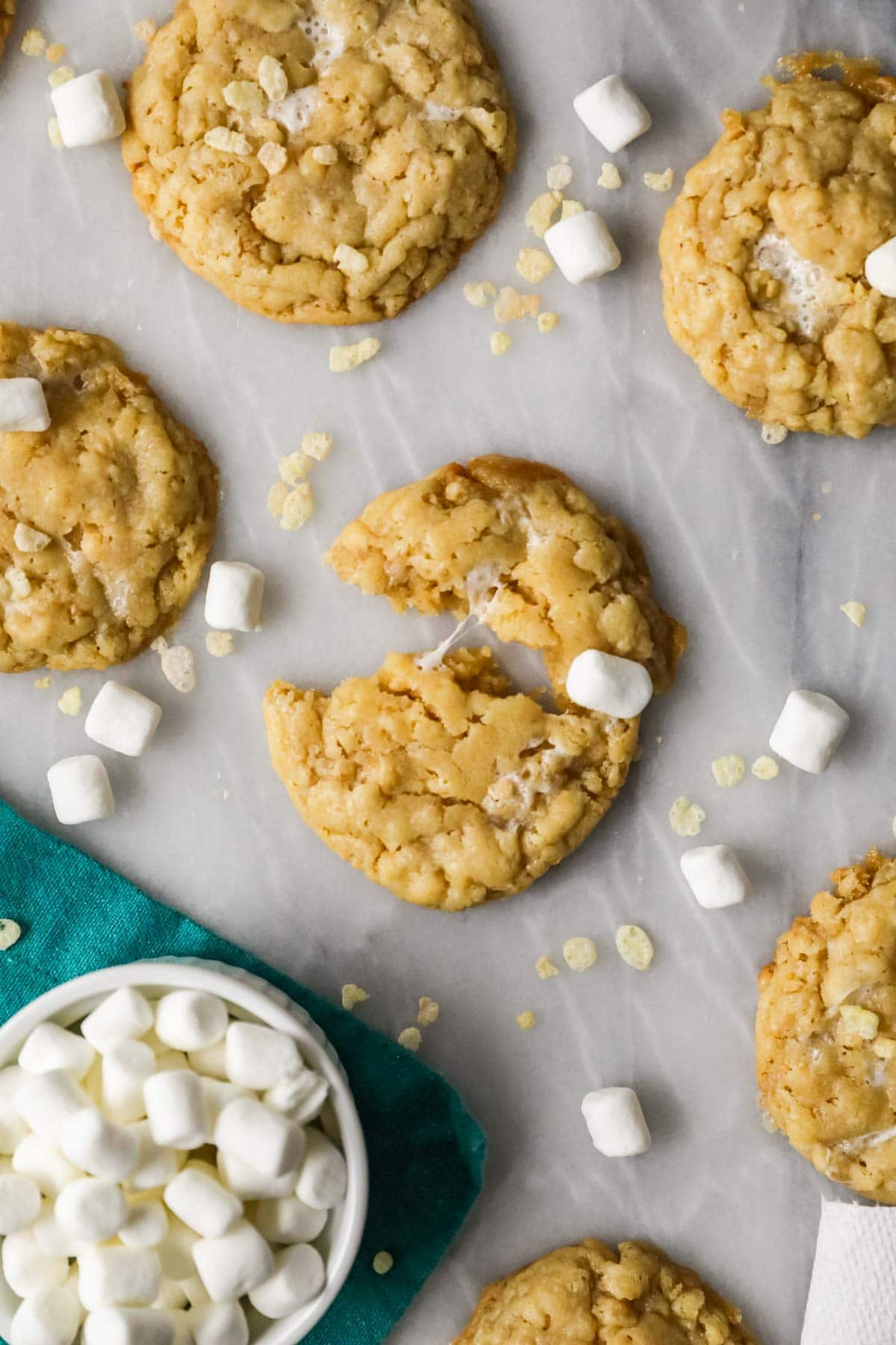 Overhead view of cookies made with cereal and marshmallows to emulate rice krispie treats.