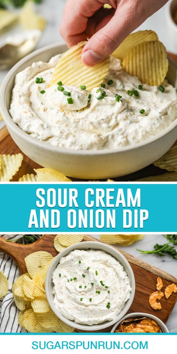 collage of sour cream and onion dip, top image of bowl of dip with chip scooping dip out, bottom image bowl of dip on wood slab photographed from above surrounded by chips.