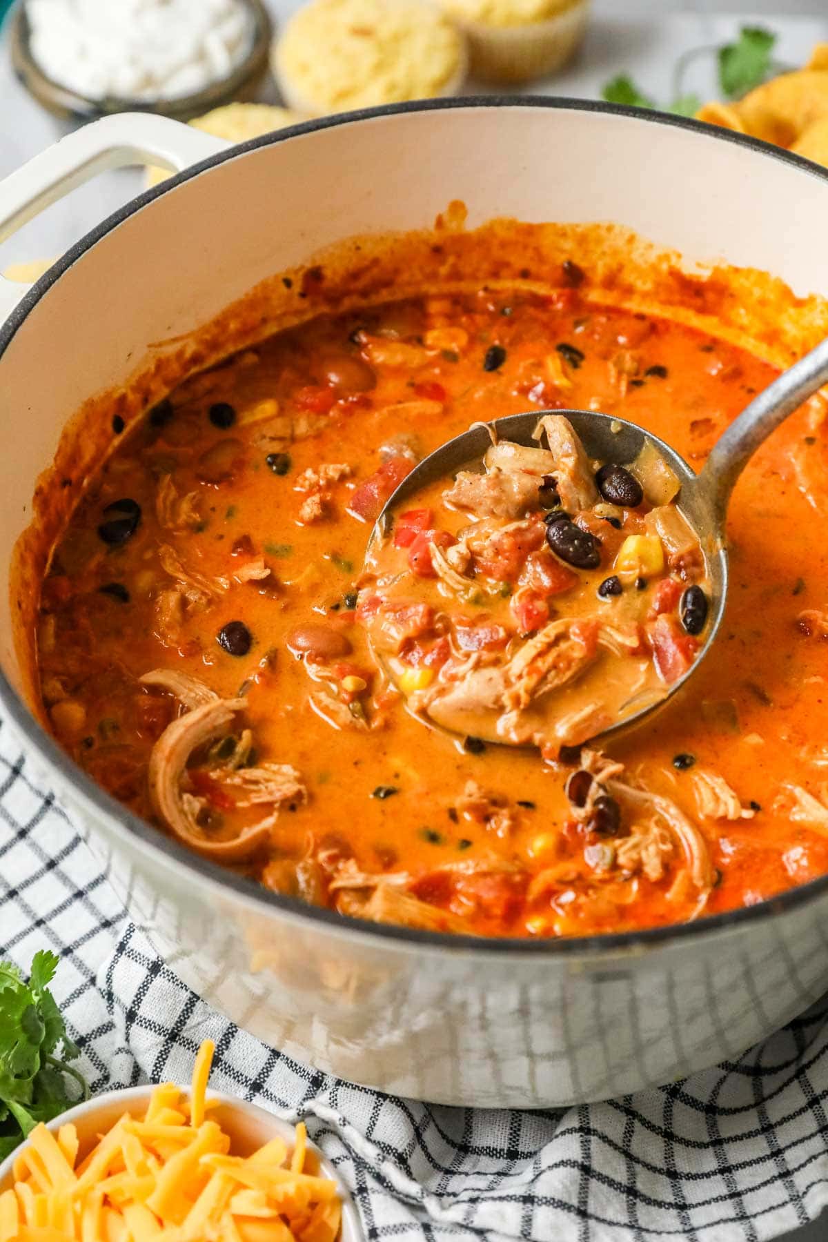 Ladle scooping a serving of southwest chicken soup out of a pot.