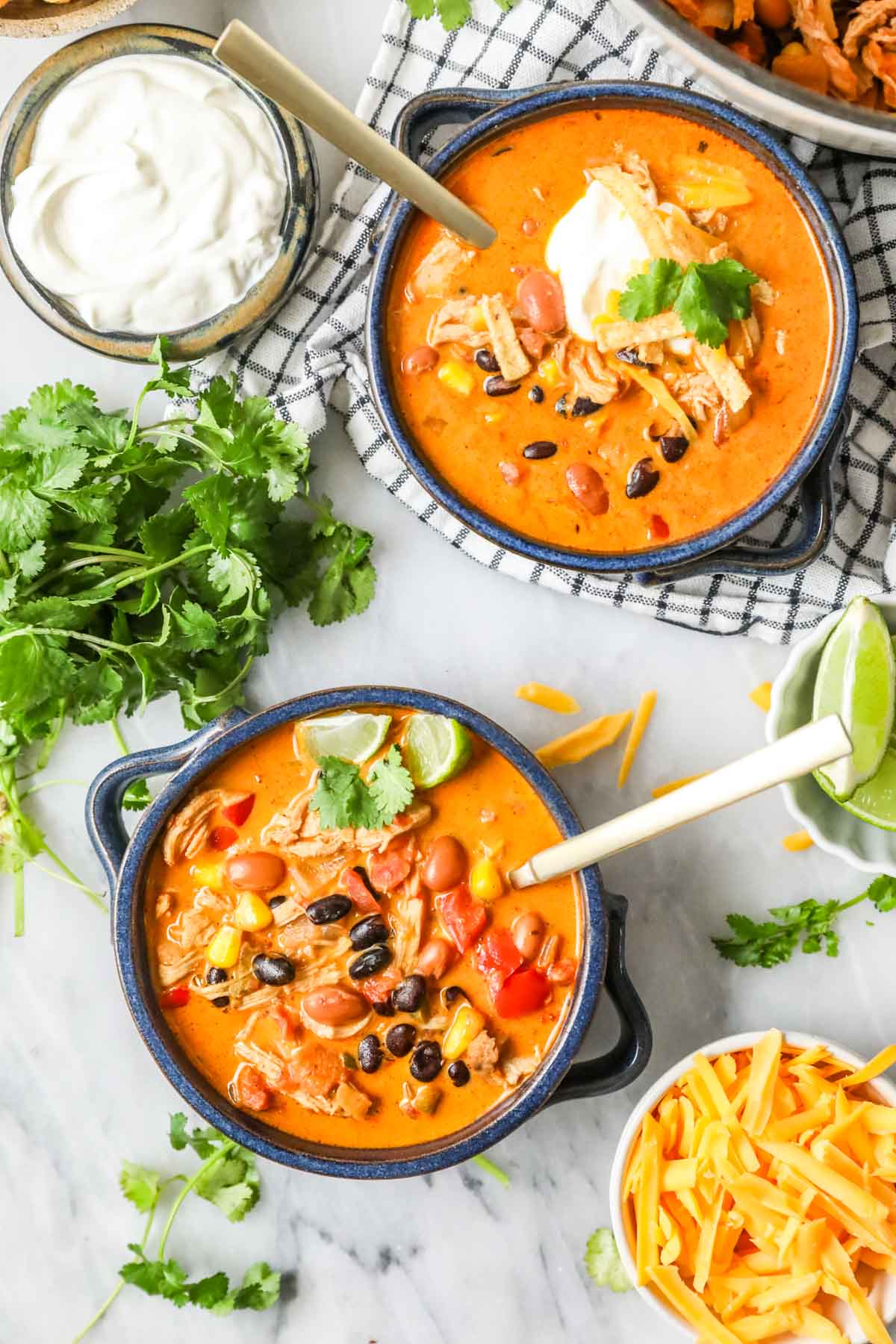 Overhead view of bowls of soup made with chicken, beans, peppers, and more.