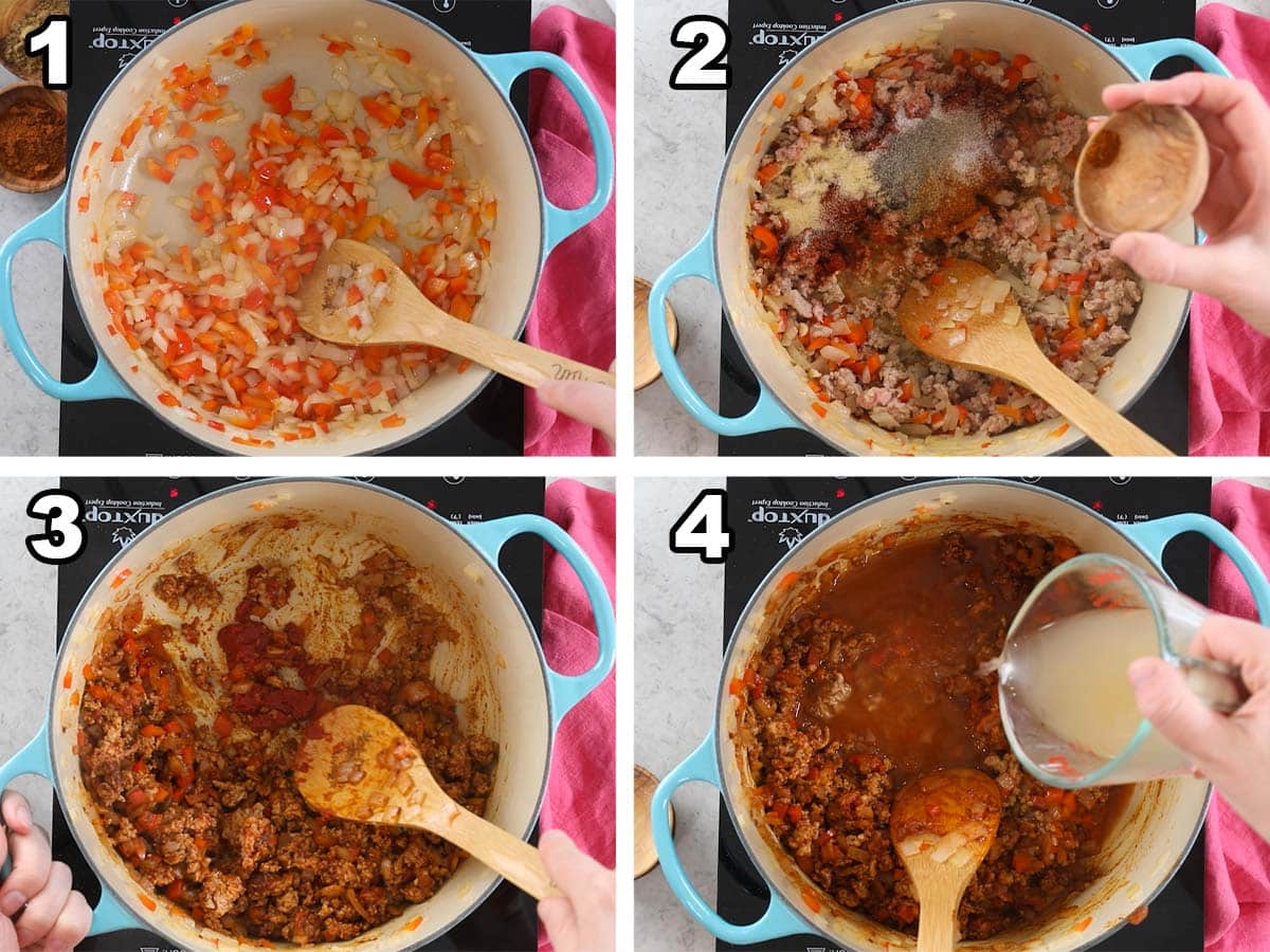 4-photo collage showing chili being prepared with ground turkey.