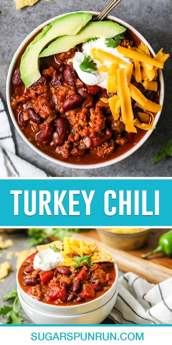 collage of turkey chili, top image of single bowl of soup photographed from above, bottom image of bowl of soup photographed on side