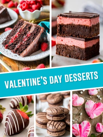 collage of valentines day desserts, top image of chocolate raspberry cake slice and strawberry brownies, bottom images contain chocolate strawberries, macarons, heart cookies