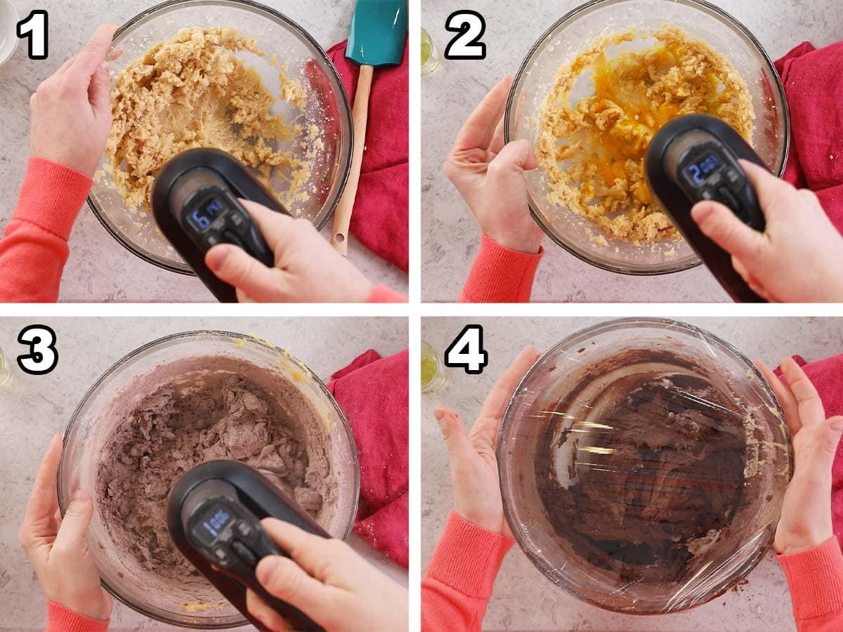 Collage of four photos showing a chocolate cookie dough being prepared and covered. 