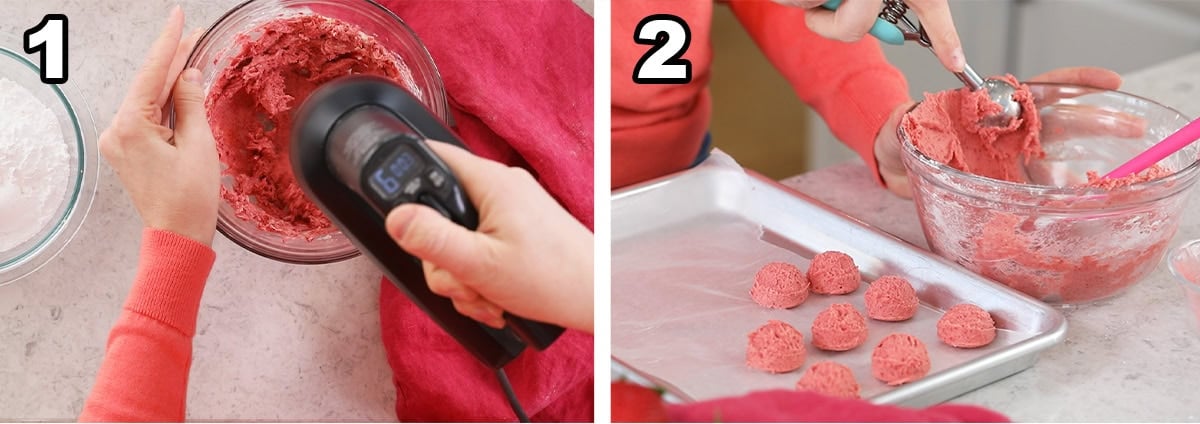 Two photos showing a strawberry buttercream filling being prepared and scooped into balls.