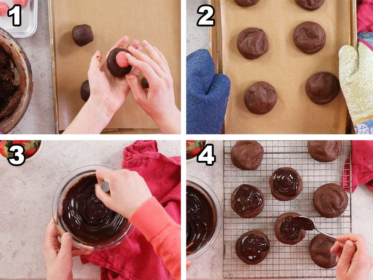 Four photos showing chocolate cookies being stuffed with strawberry buttercream before baking and being covered with ganache once cooled.